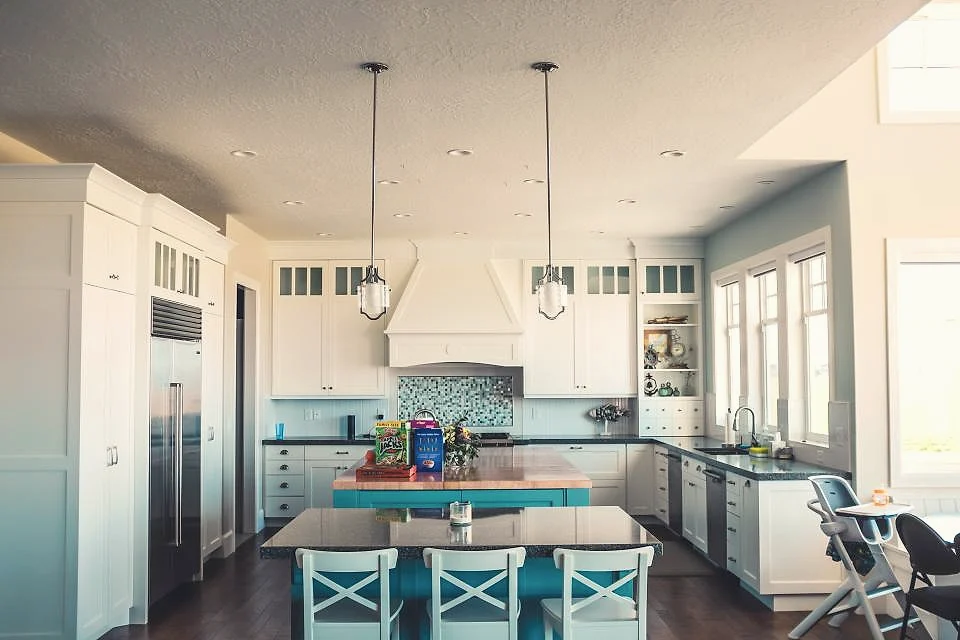 A bright renovated kitchen with an island
