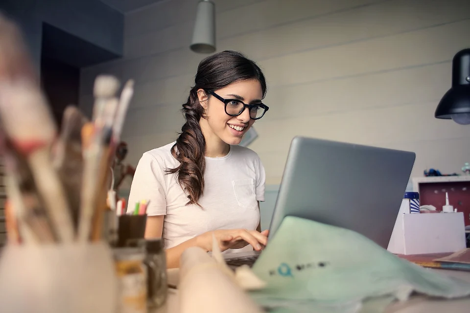 A property manager working on her laptop
