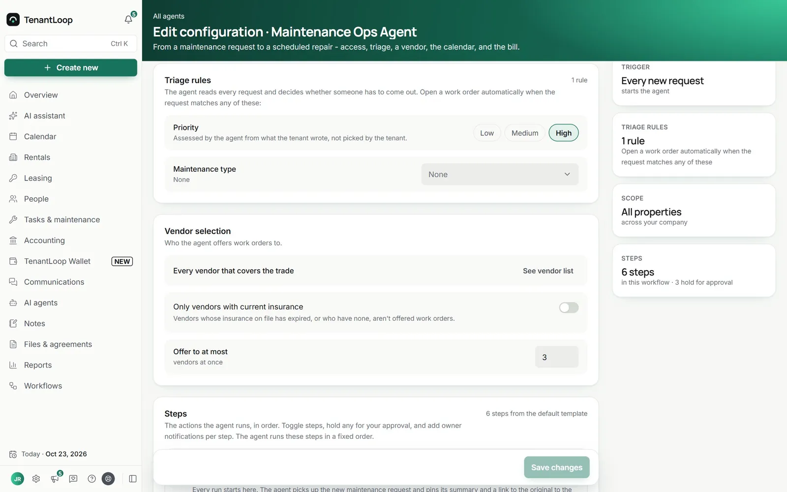Maintenance Ops agent settings in TenantLoop: a triage rule that opens a work order automatically for High priority, and vendor selection offering to at most 3 vendors at once