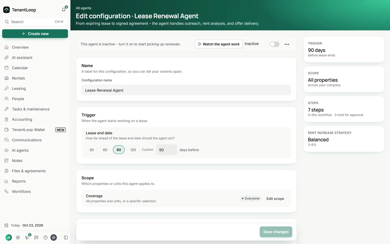 Lease Renewal agent trigger in TenantLoop: Lease end date, presets 30, 60, 90 and 120 days or a custom number, set to 90 days before