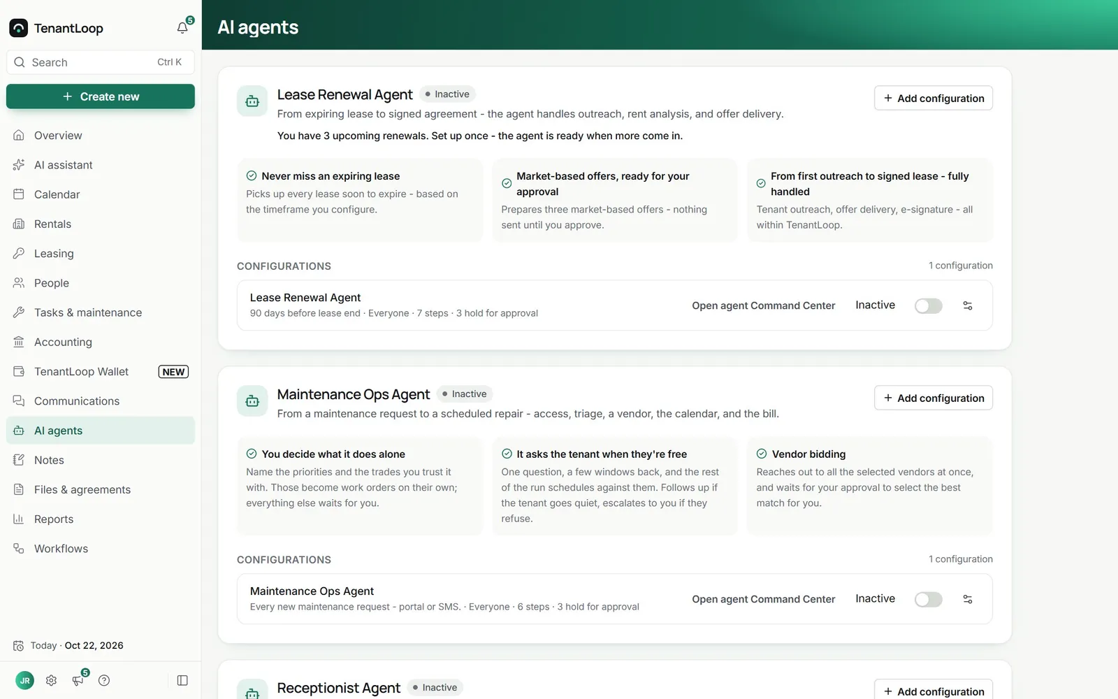 AI agents page in TenantLoop: the Lease Renewal Agent card with three benefits and one configuration, 90 days before lease end, Everyone, 7 steps, 3 hold for approval, switched to Inactive
