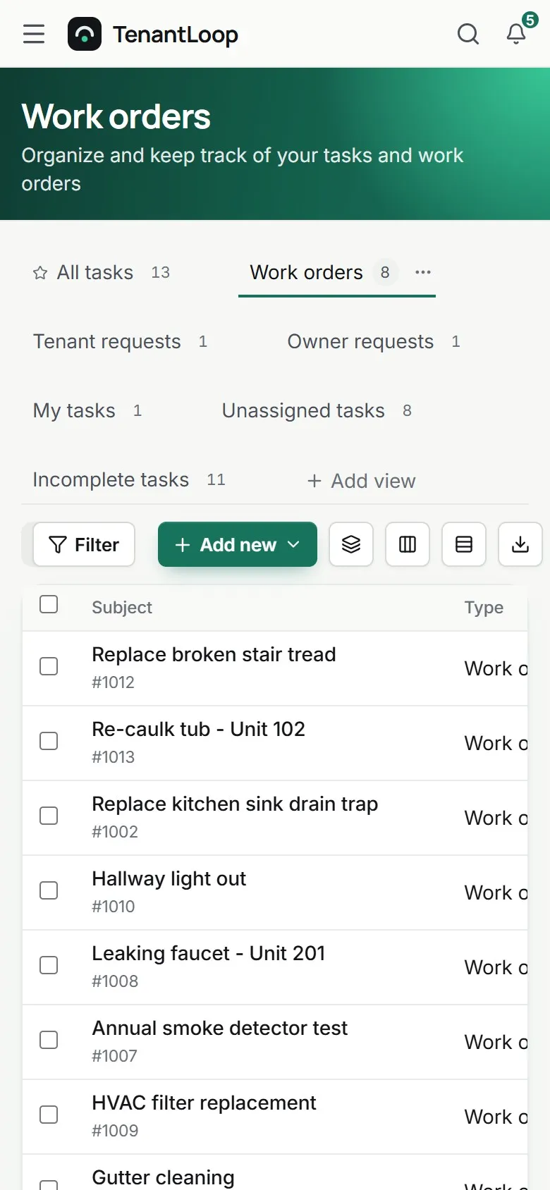 The TenantLoop team app on a phone: Work orders with saved views, Filter, Add new and the list of 8 work orders