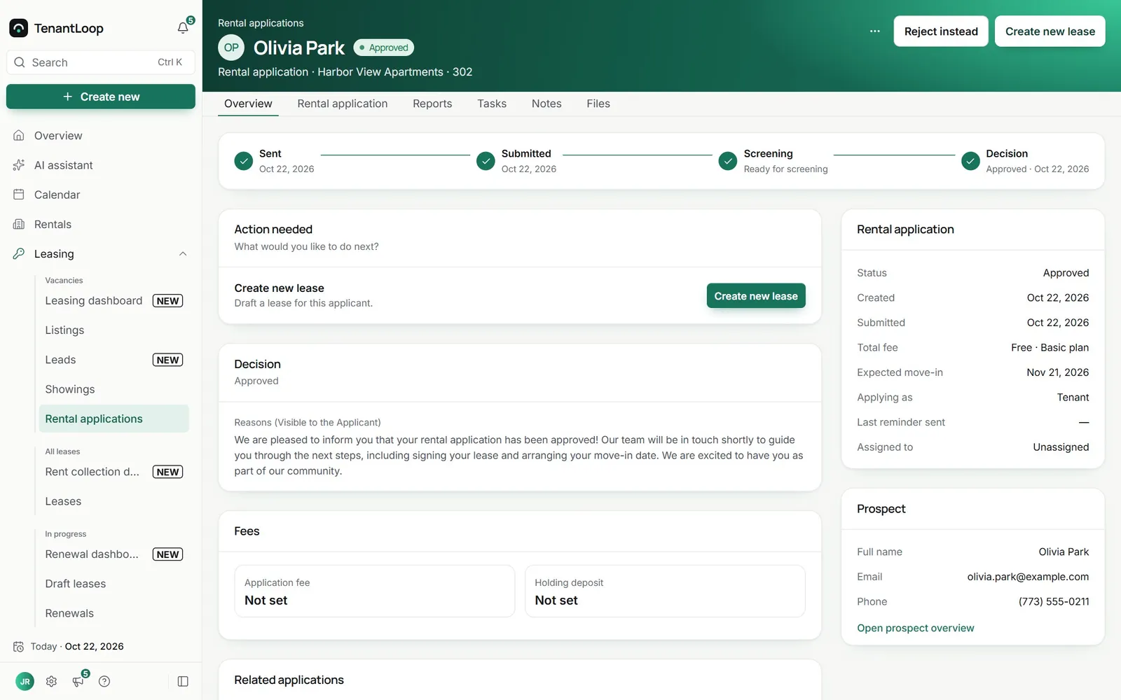 An approved rental application with the next step, Create new lease, and the decision