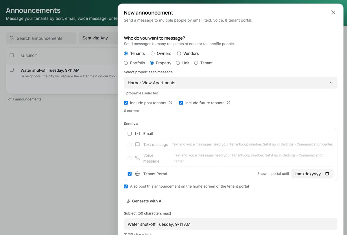 New announcement form addressed to tenants at Harbor View Apartments, sent by email and tenant portal, with text and voice greyed out
