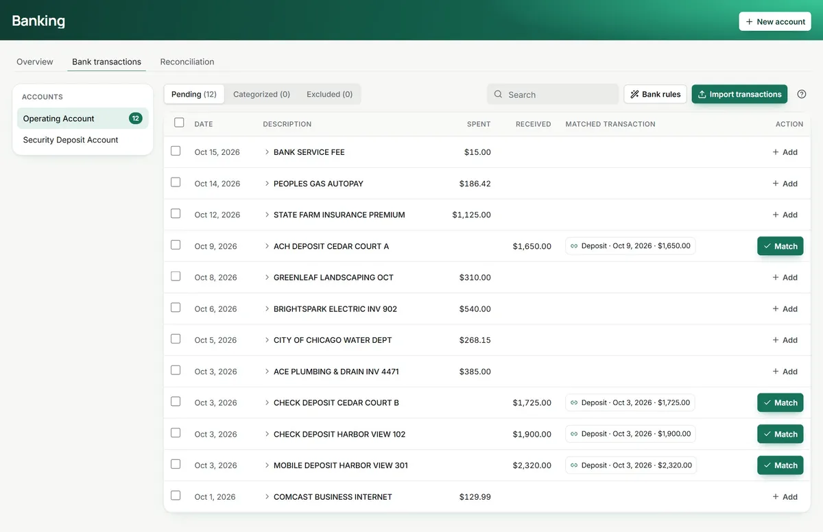 Pending bank lines for the operating account: the deposits each show a suggested match and a Match button, the bills show Add
