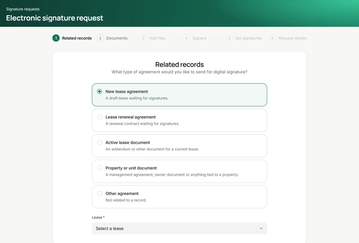 Electronic signature request: choosing a new lease agreement, a renewal, a lease document or another agreement