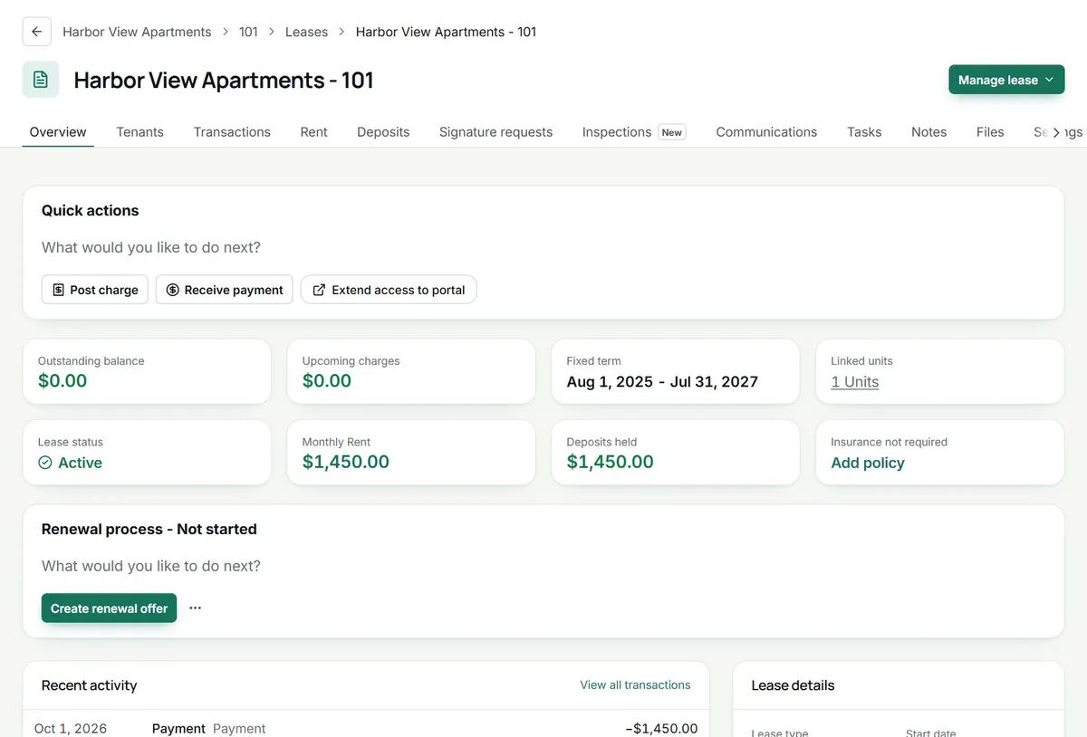 Lease overview for Harbor View Apartments 101 with tabs for tenants, transactions, rent, deposits, signatures, inspections, communications, tasks, notes and files
