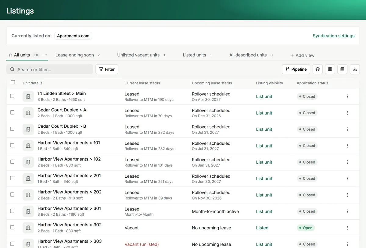 Listings page with units, their lease status, upcoming lease status and whether each one is listed