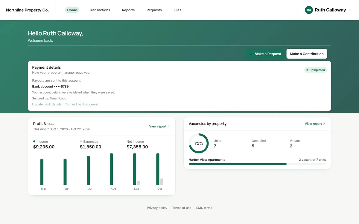 Owner portal home with a profit and loss chart and vacancies by property