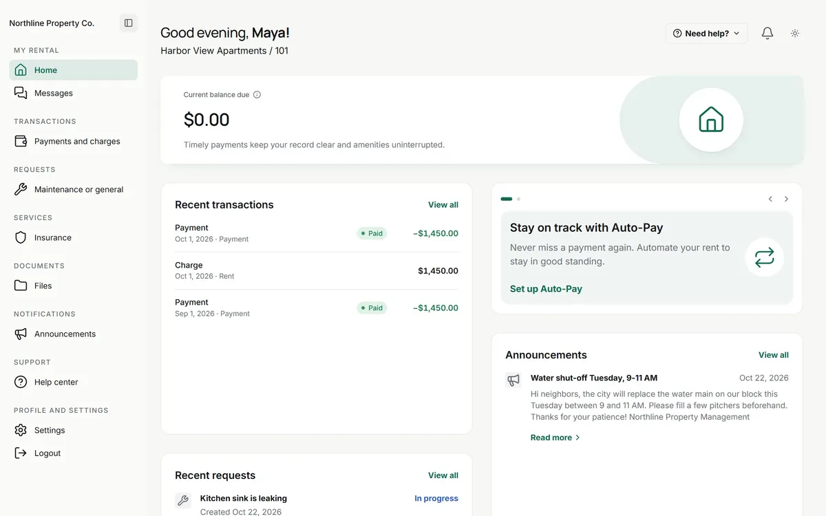 Tenant portal with a sidebar of Home, Messages, Payments, Requests, Files and Announcements