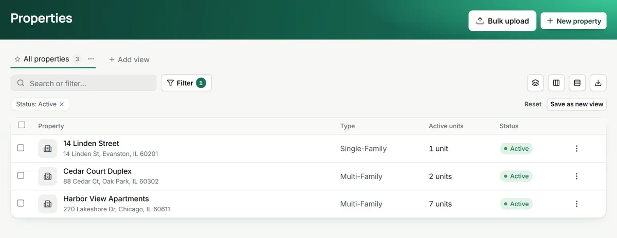 Properties list with a single-family home, a duplex and an apartment building, each with its unit count