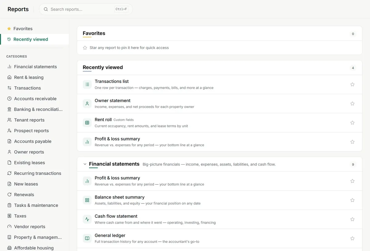 Reports page with recently viewed reports including the owner statement and rent roll