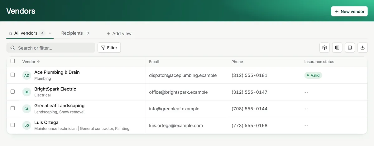 Vendors list with Ace Plumbing and Drain marked as having valid insurance