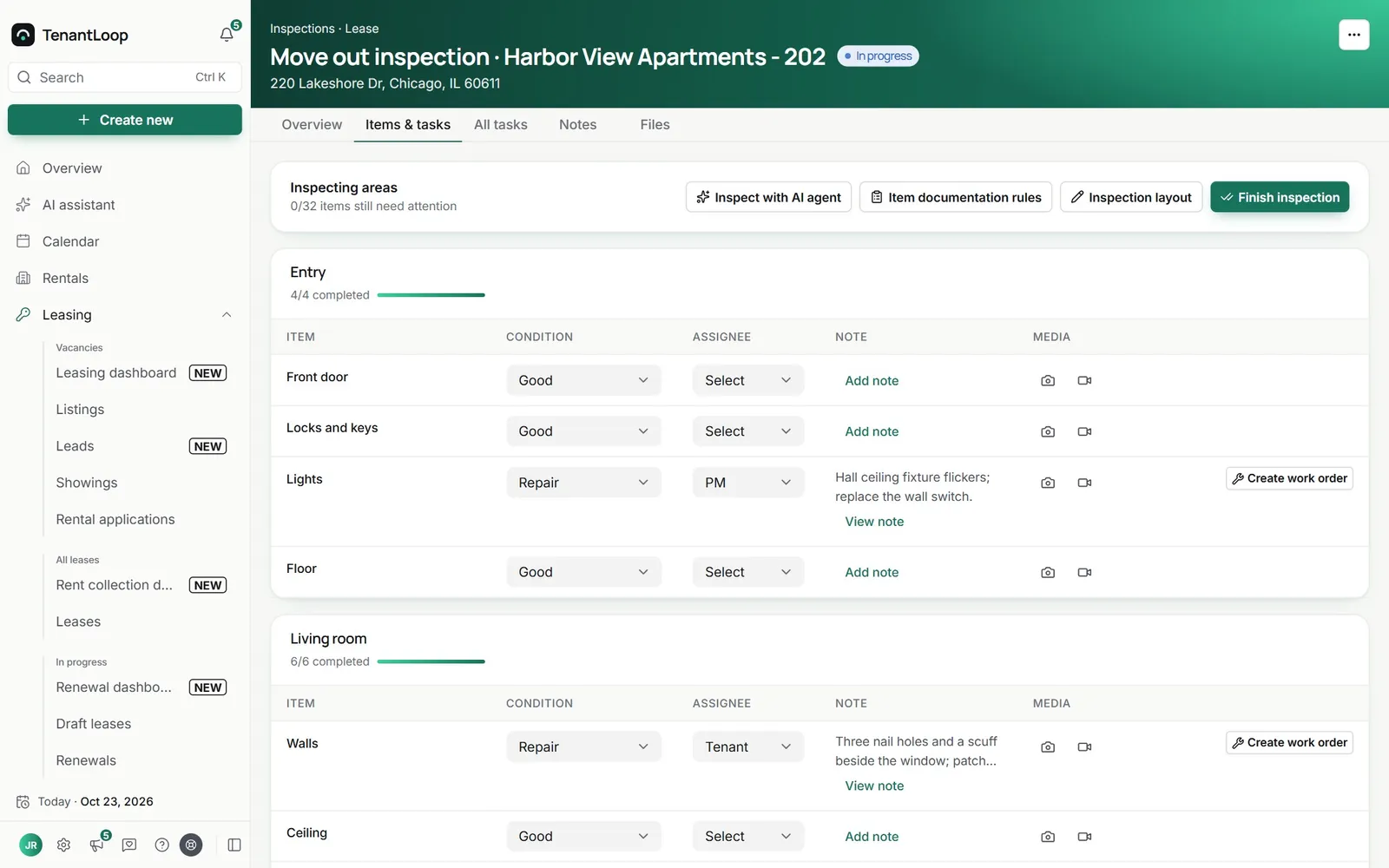 Condition, assignee and note columns of a move-out inspection: Lights marked Repair, assigned to the PM, with the note that the hall ceiling fixture flickers