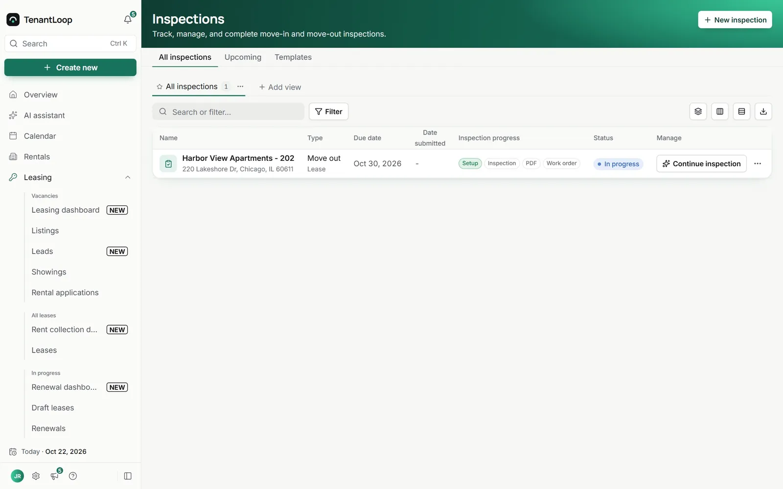 Inspections list with one move-out inspection and its progress chips for setup, inspection, PDF and work order