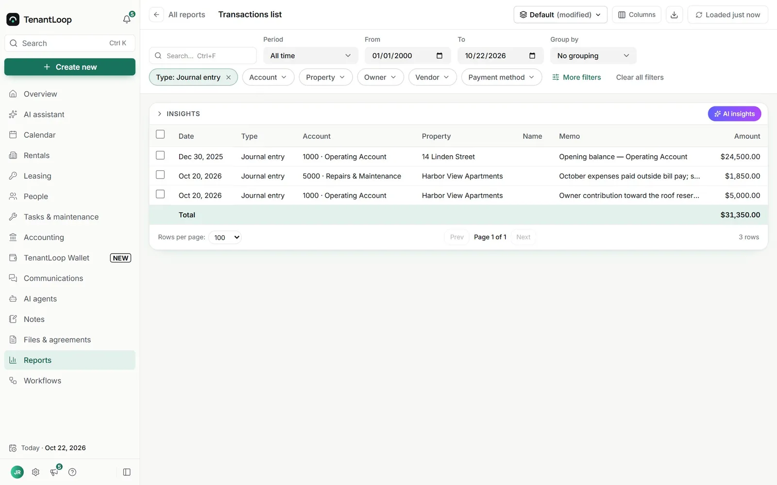 Transactions list filtered to journal entries, including an opening balance and an owner contribution