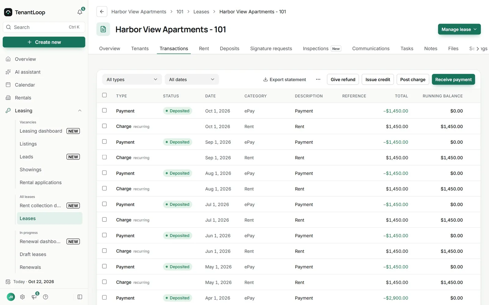 Lease ledger for Harbor View Apartments 101 with monthly rent charges, deposited payments and a running balance