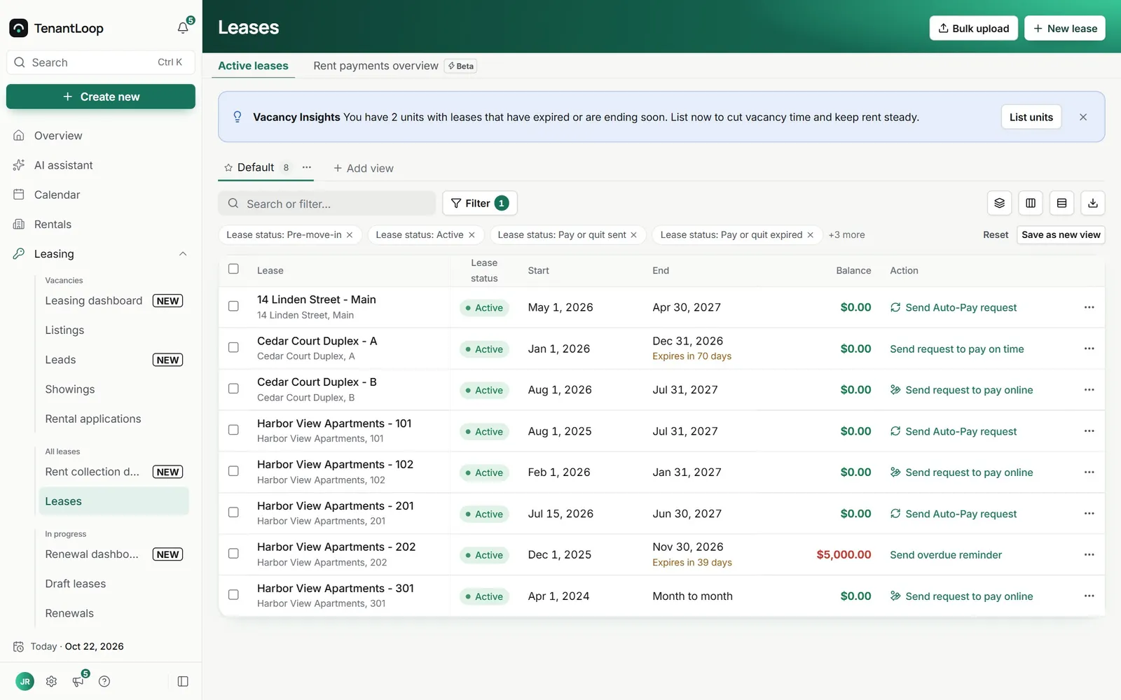 Leases list with balances and suggested actions, including Send overdue reminder on a lease that owes $5,000