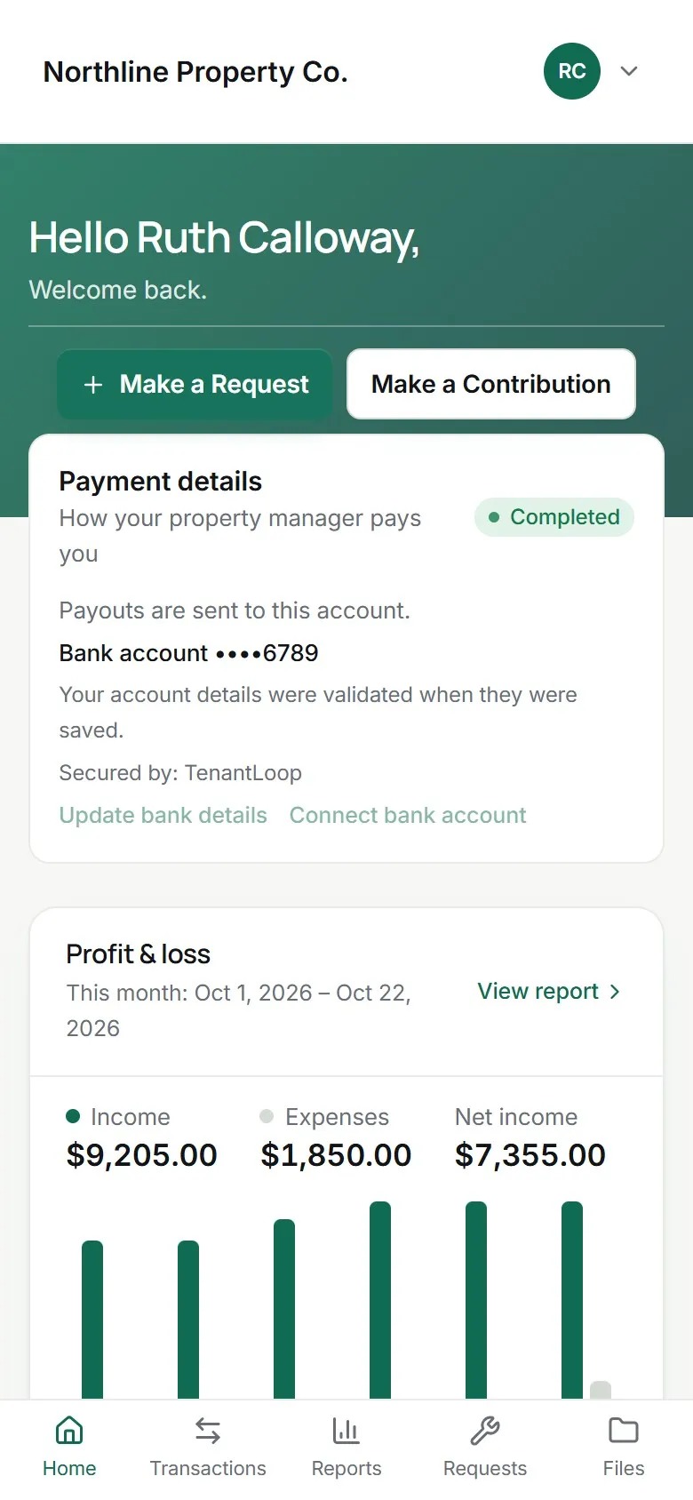 Owner portal on a phone with income, expenses and net income for October