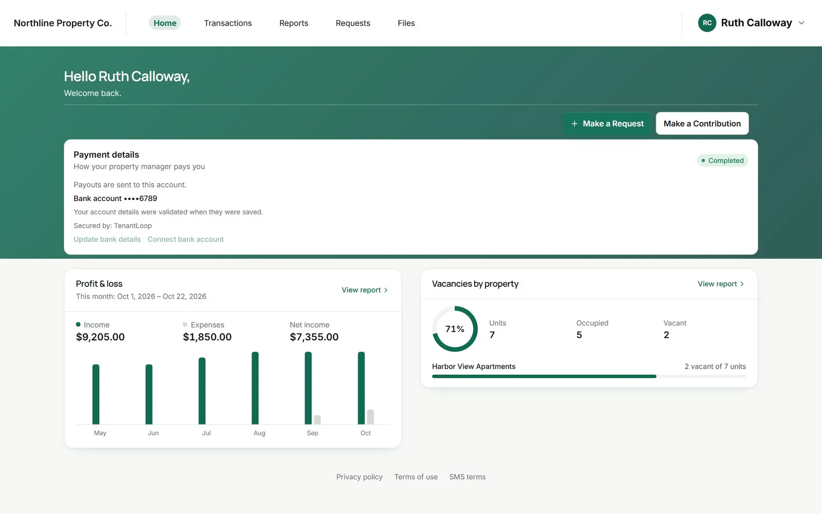 Owner portal profit and loss card for October with income, expenses and net income