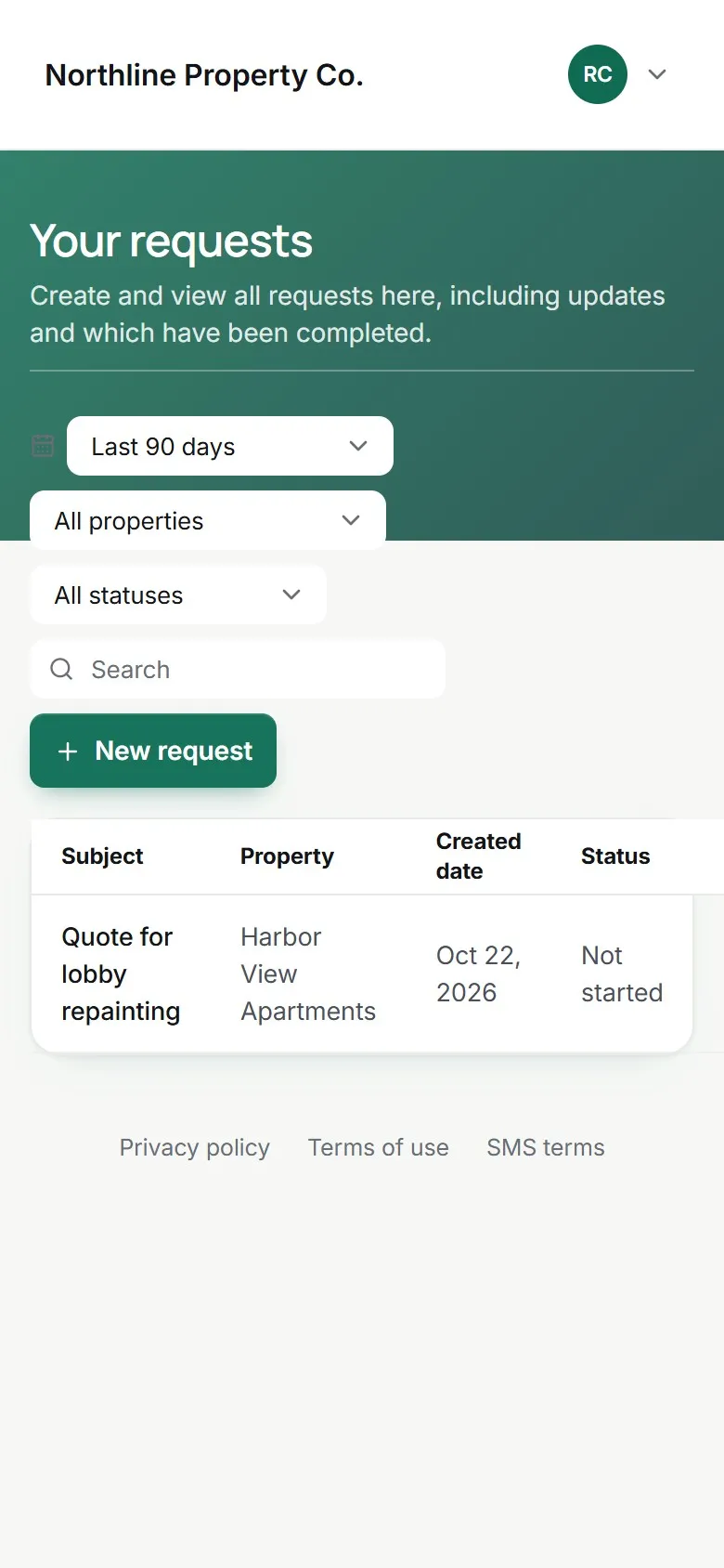 Owner portal on a phone with a request for lobby repainting marked Not started