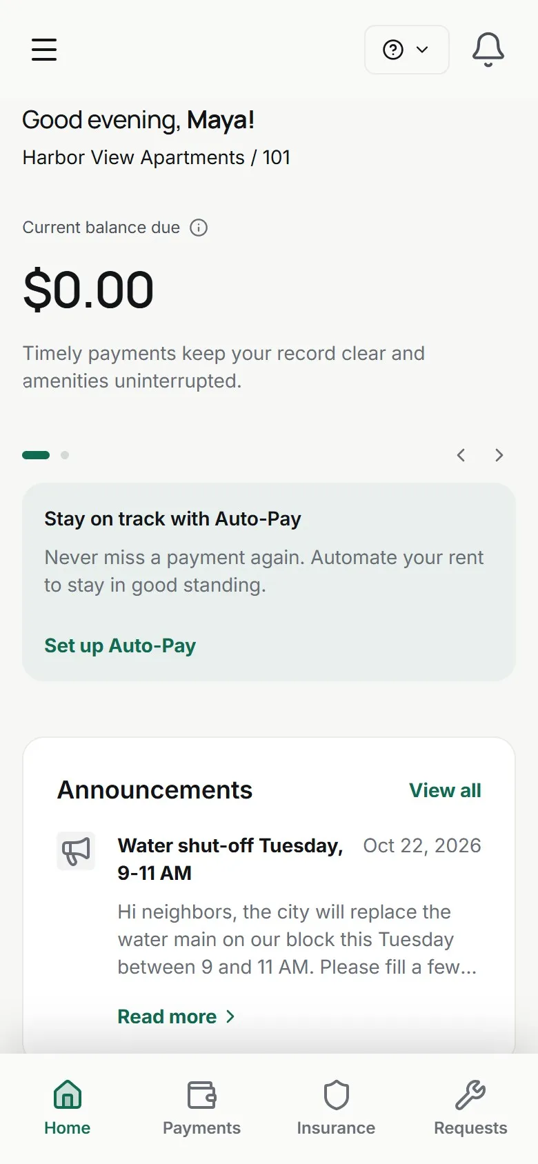Tenant portal home on a phone with a $0.00 balance, an Auto-Pay prompt and an announcement about a water shut-off