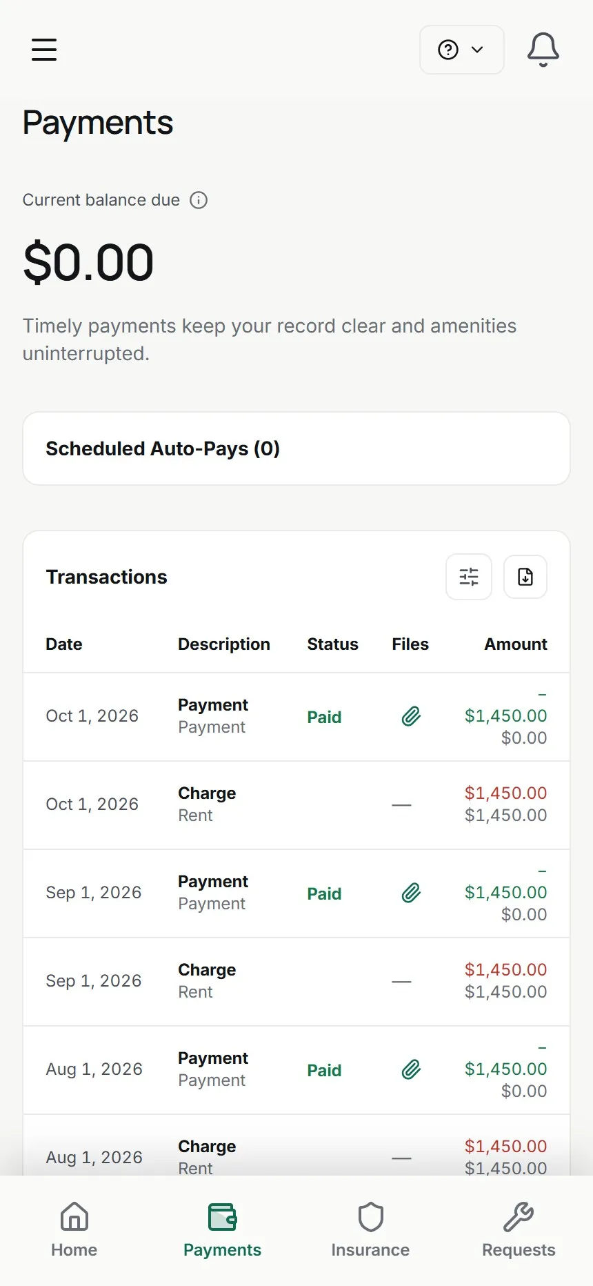 Tenant portal payments screen on a phone with a $0.00 balance and paid rent payments