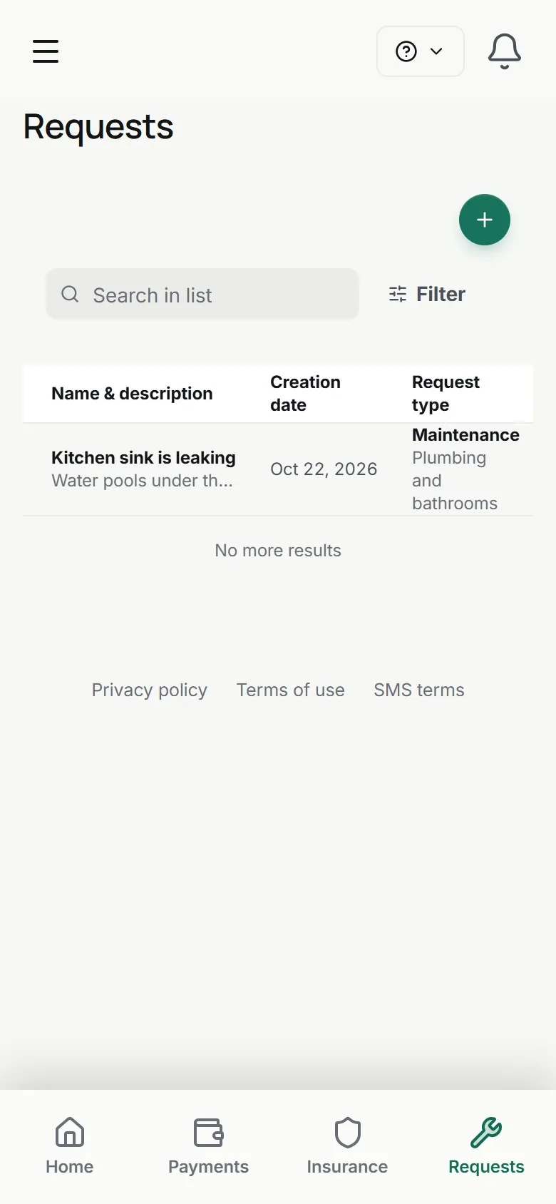 Tenant portal requests screen on a phone with a kitchen sink leak under Maintenance