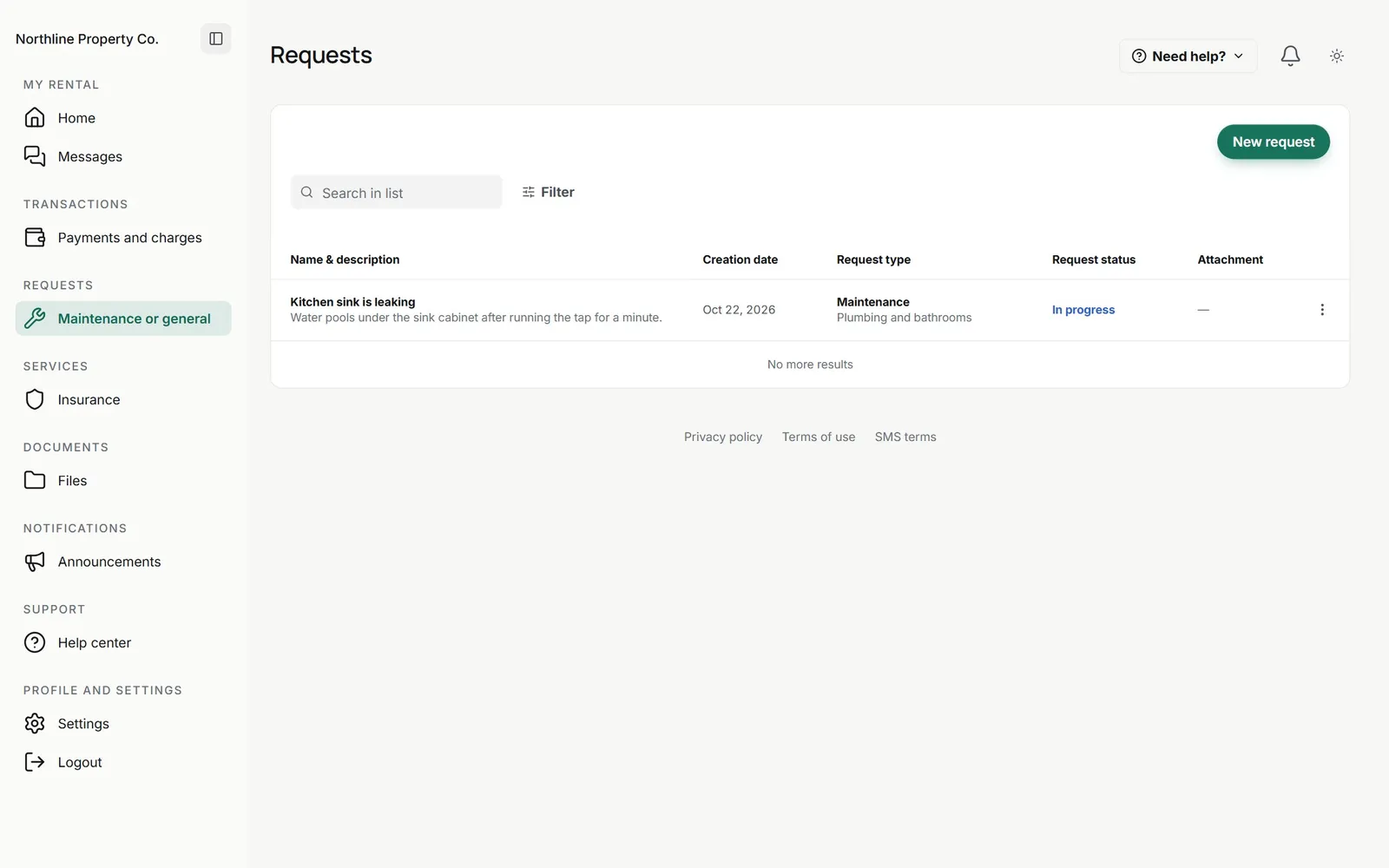 Tenant portal requests list with a kitchen sink leak in progress