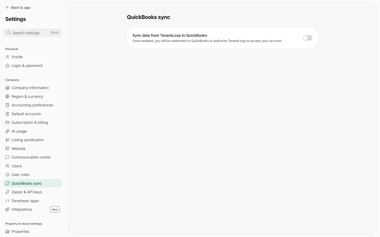 TenantLoop settings, QuickBooks sync: a switch to sync data from TenantLoop to QuickBooks